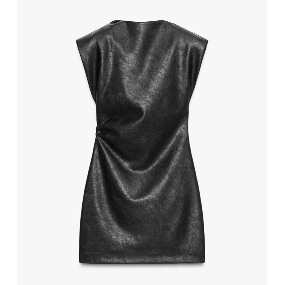 Zara Dress L Black Faux Leather Mini Padded Shoulder Ruched Sleeveless Party NWT